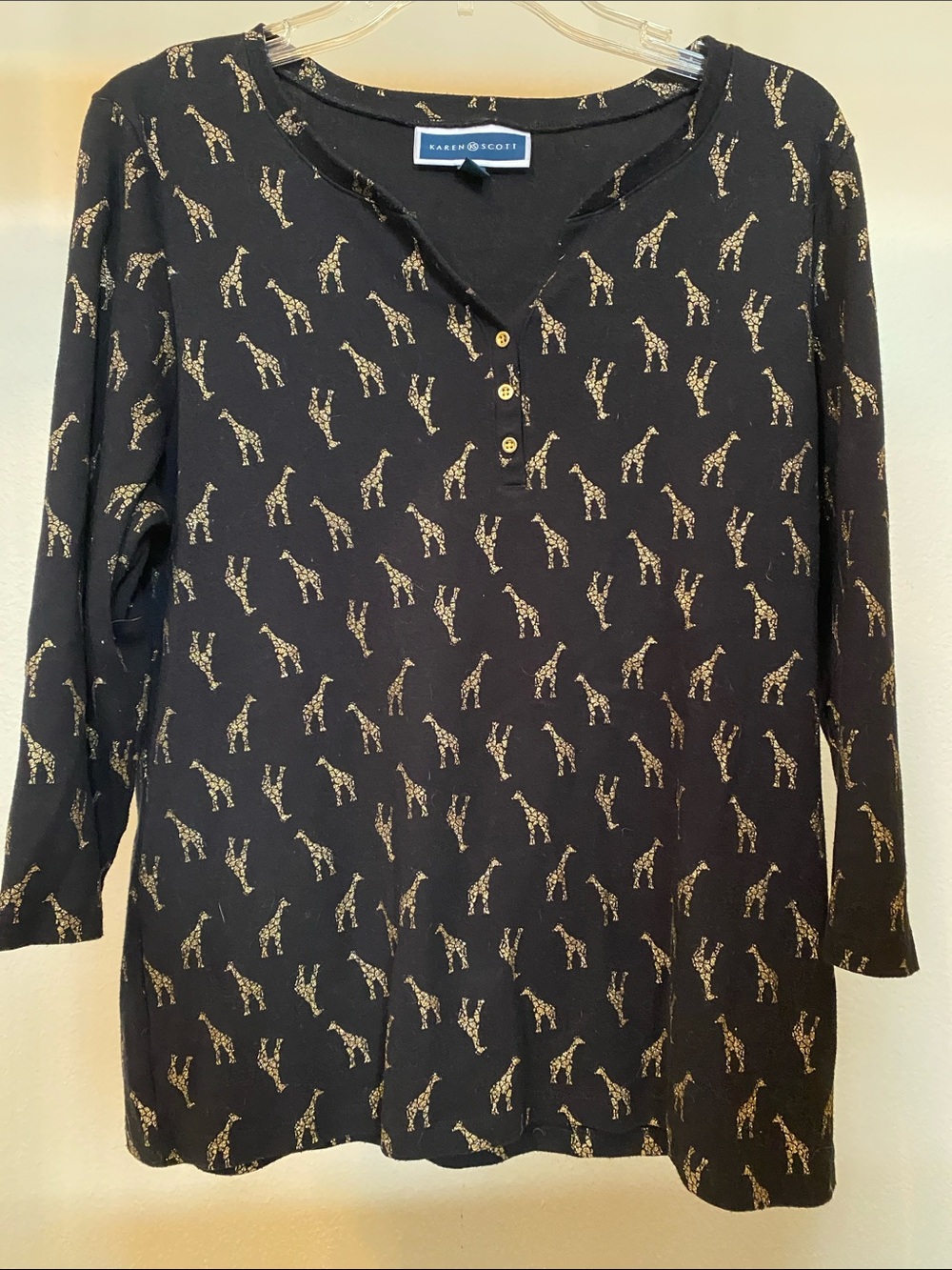 Karen Scott Black Long-Sleeve Henley with Gold Giraffe Print